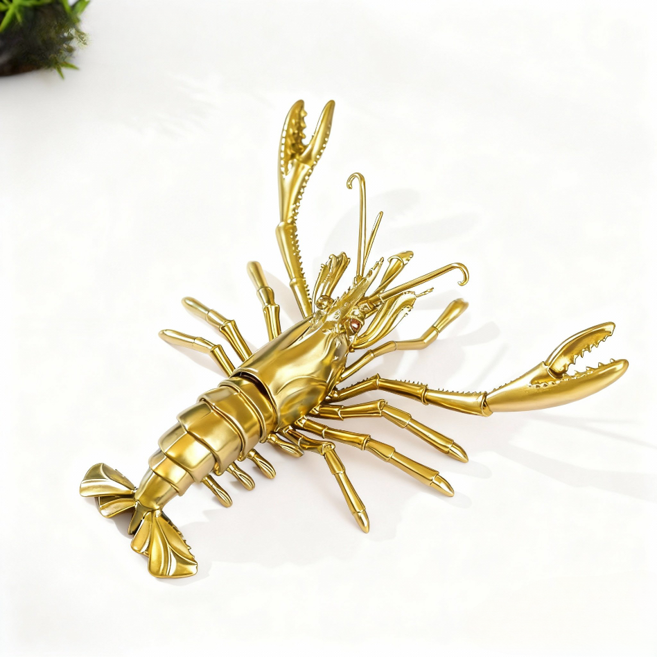 Handcrafted Solid Brass Lobster Statue – Chinese Feng Shui Symbol of Wealth | Articulated Sculpture, Pure Brass Handmade Decoration, Polished Finish without Coating, Exhibiting Natural Golden Luster
