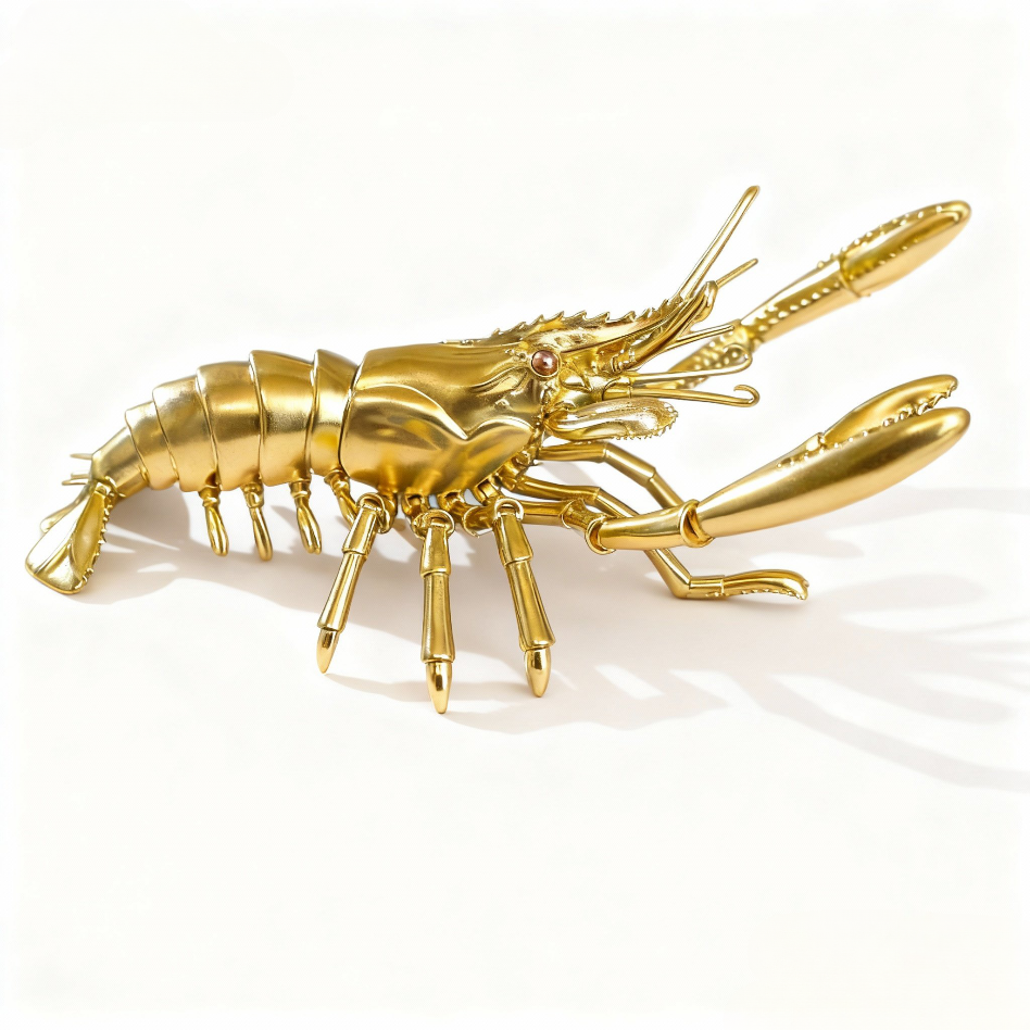 Handcrafted Solid Brass Lobster Statue – Chinese Feng Shui Symbol of Wealth | Articulated Sculpture, Pure Brass Handmade Decoration, Polished Finish without Coating, Exhibiting Natural Golden Luster