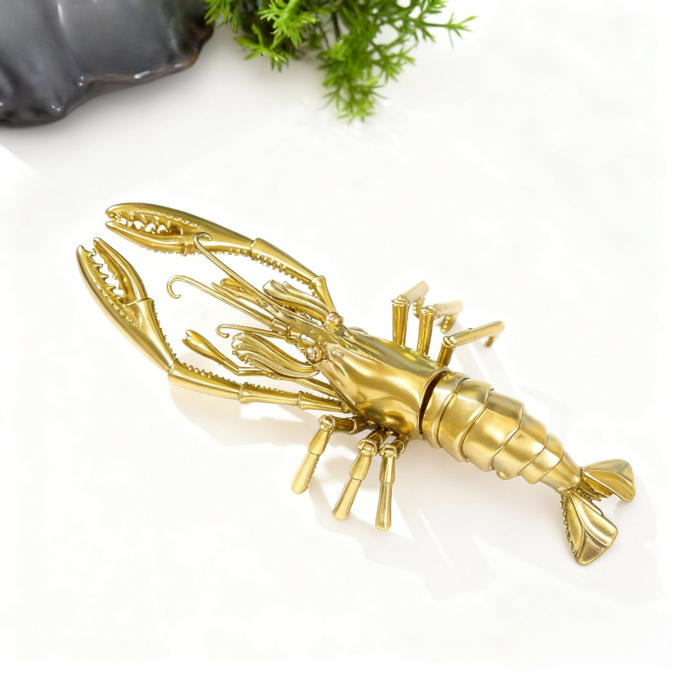 Handcrafted Solid Brass Lobster Statue – Chinese Feng Shui Symbol of Wealth | Articulated Sculpture, Pure Brass Handmade Decoration, Polished Finish without Coating, Exhibiting Natural Golden Luster