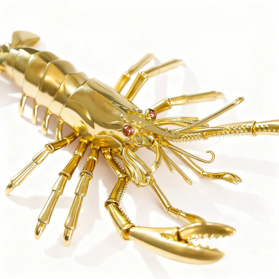 Handcrafted Solid Brass Lobster Statue – Chinese Feng Shui Symbol of Wealth | Articulated Sculpture, Pure Brass Handmade Decoration, Polished Finish without Coating, Exhibiting Natural Golden Luster